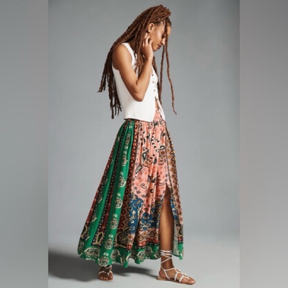 FARM Rio Vibrant Green and Pink Maxi Skirt